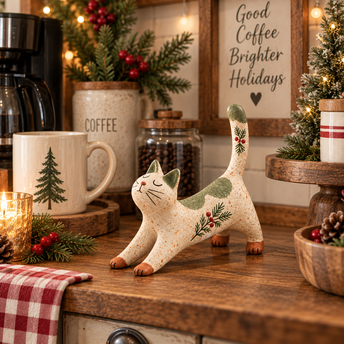 Woodland Christmas Cat Figurine