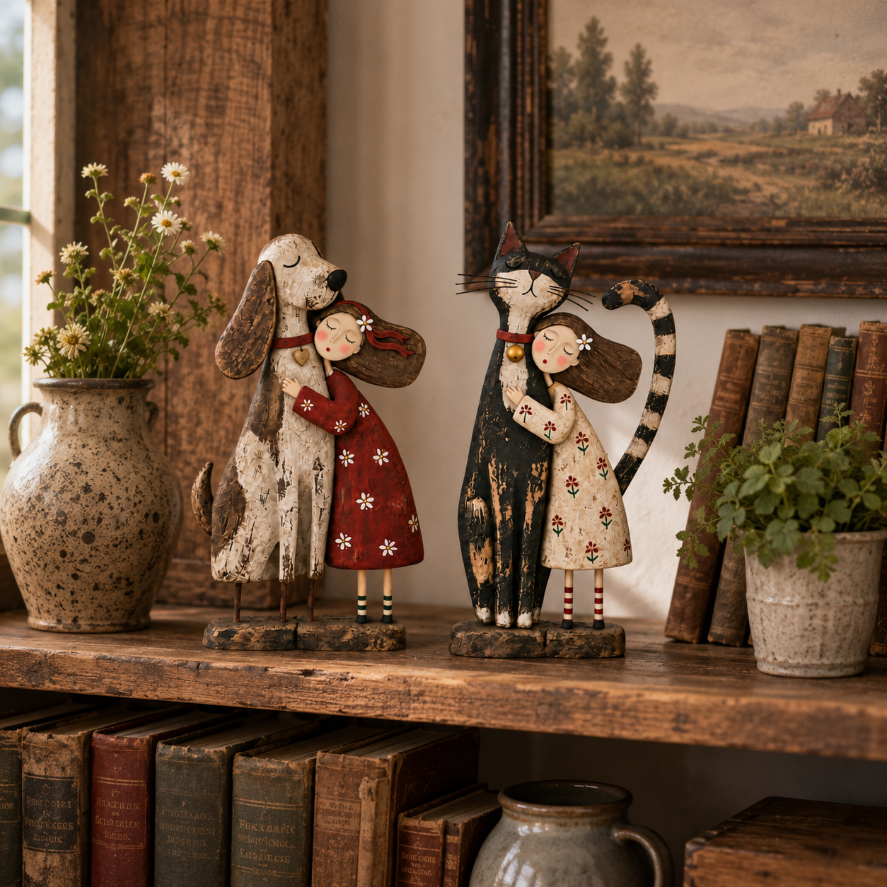 Girl &amp; Her Best Friend Folk Art Figurine