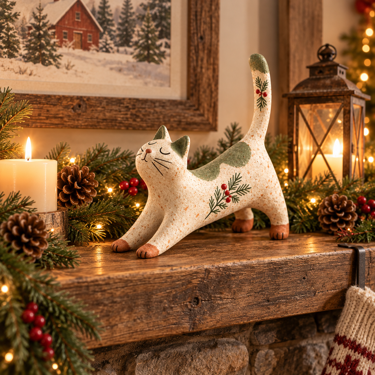 Woodland Christmas Cat Figurine