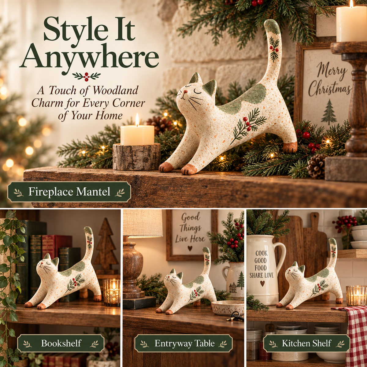 Woodland Christmas Cat Figurine