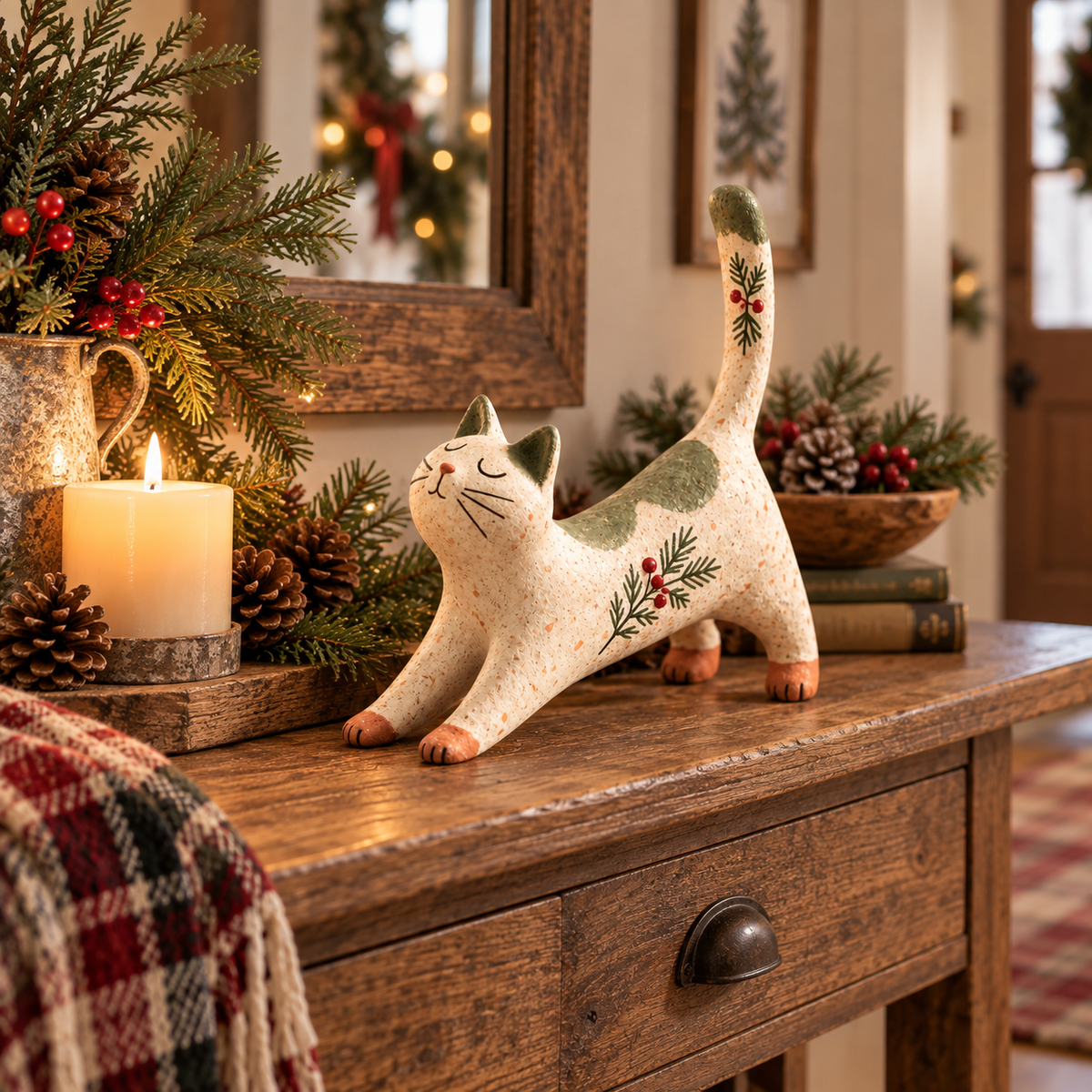Woodland Christmas Cat Figurine